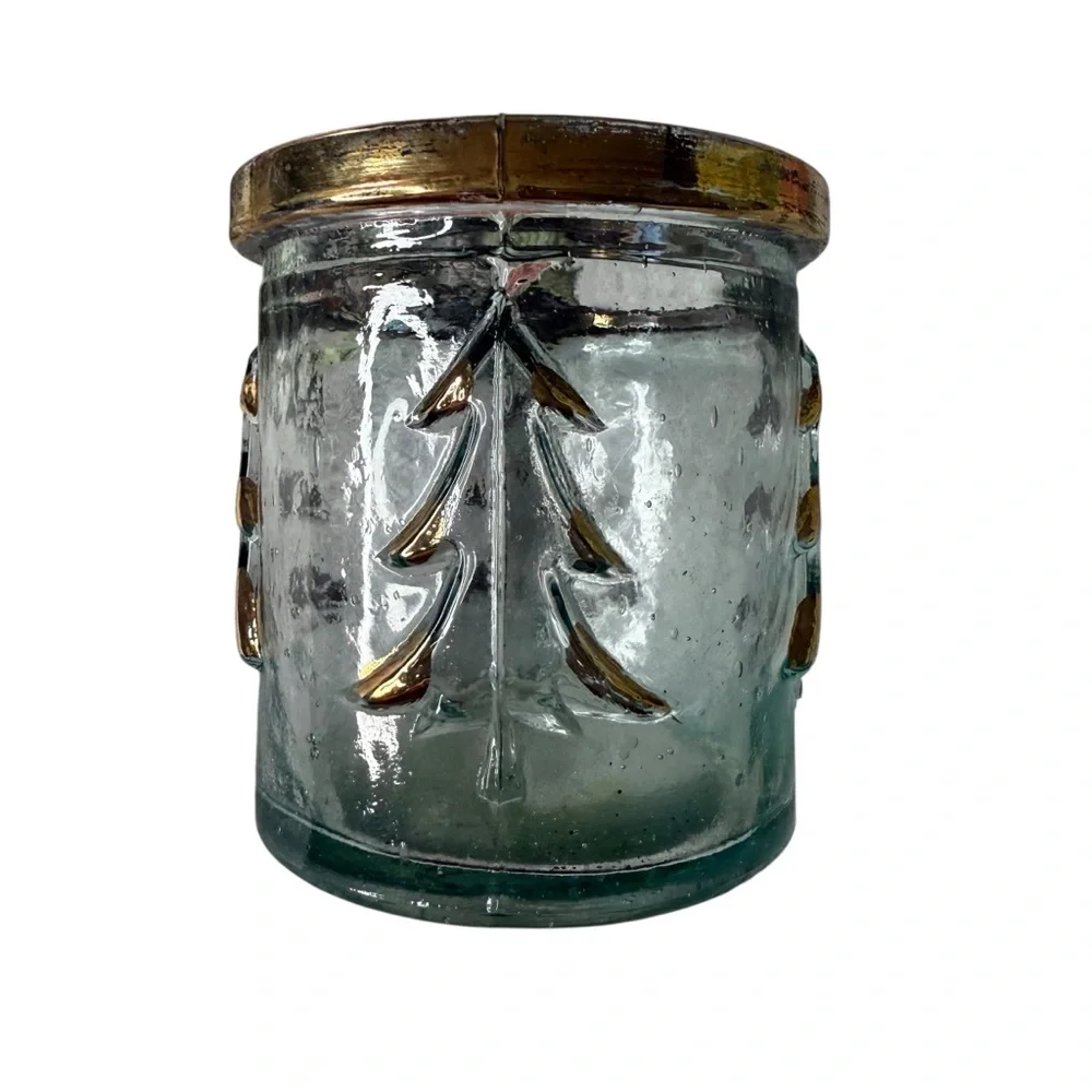Hand Blown Glass Christmas Tree Candle Holder Gold Trim Aqua Seeded Glass Mexico